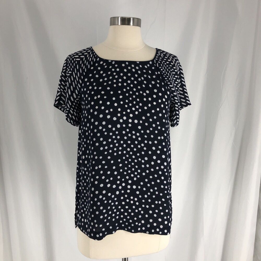 LOFT Polka Dot Navy Blouse Small Navy Blue Preppy Parisian Chic Nautical Office